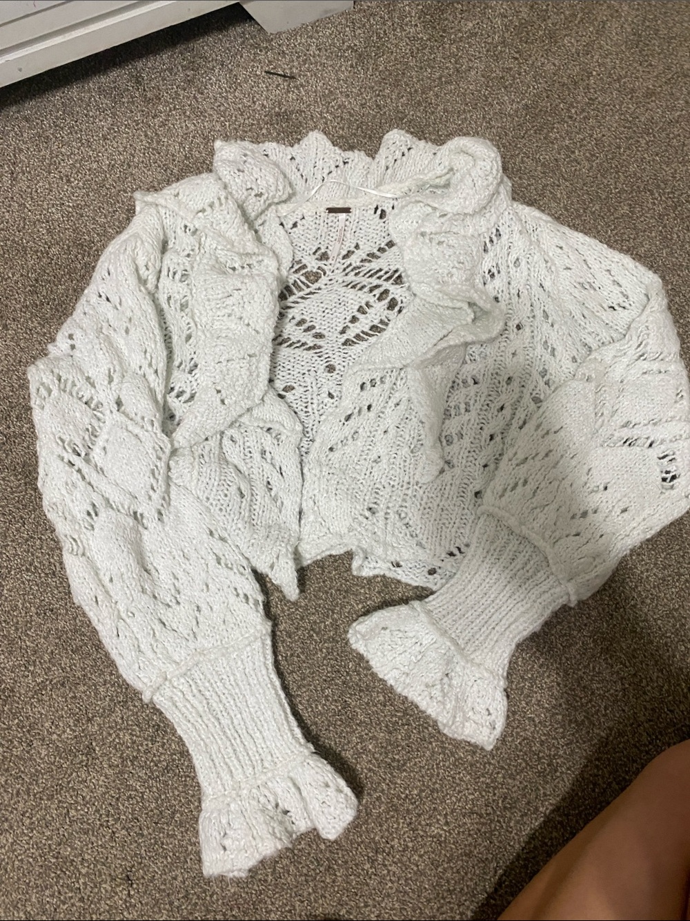 Free People White Cropped Openwork Ruffle Cardigan